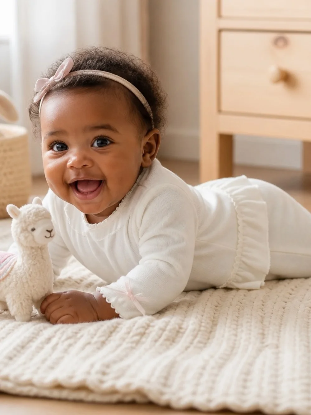 Cream Baby Footed One-Piece with Pink Floral Detail And Tulle Frill At The Back